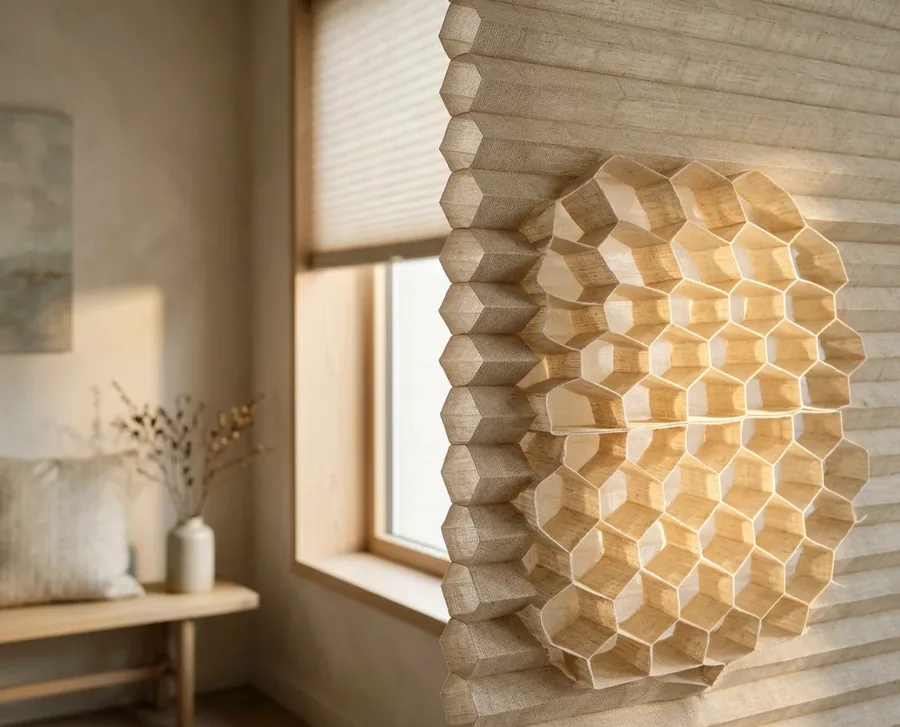 Cellular honeycomb blind half-raised showing its pleated air-cell structure in an original Parkview sash-window bedroom