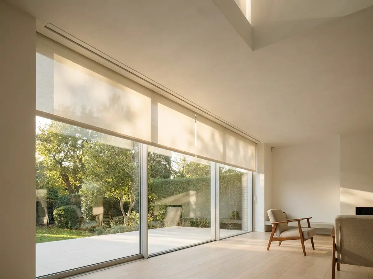 Roller blind recessed into a plaster ceiling pocket over a large glazed opening in a Parkview rear extension