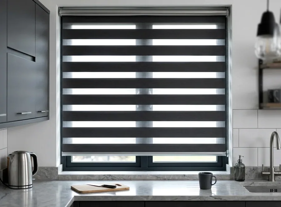 Day and night zebra blind raised halfway in a Parkview kitchen, jacaranda tree light filtering through the bands
