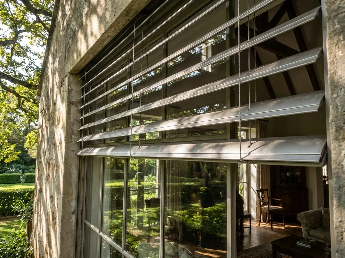 Close-up of aluminium external venetian louvres on a grand Saxonwold home, dappled tree light across the metal slats and a manicured garden beyond the glass