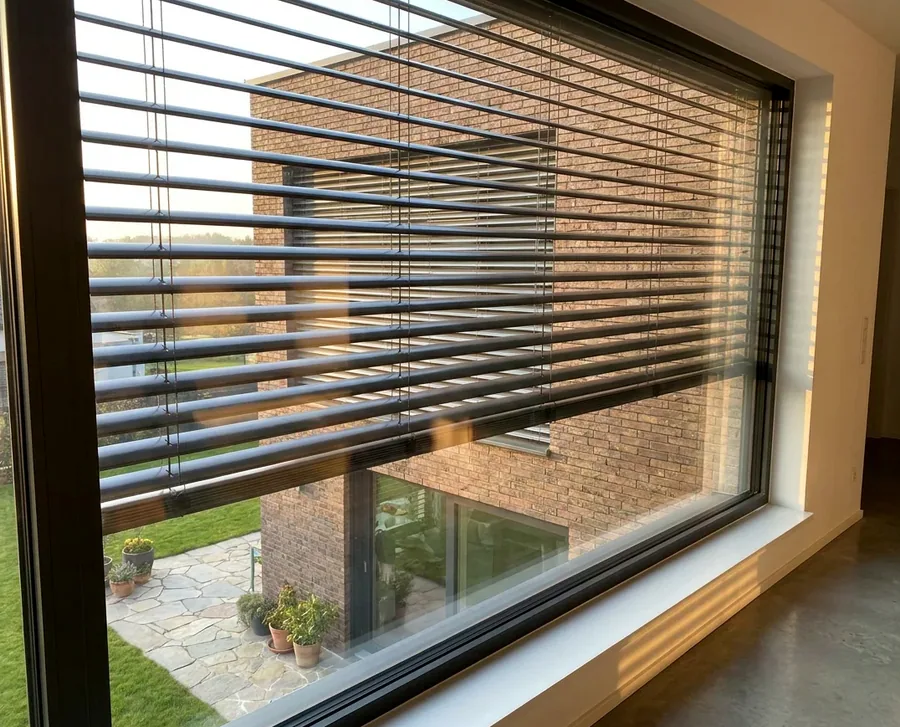 Aluminium external venetian louvres angled across a window on a Parkview home's rear facade, oak and jacaranda trees framing the wall