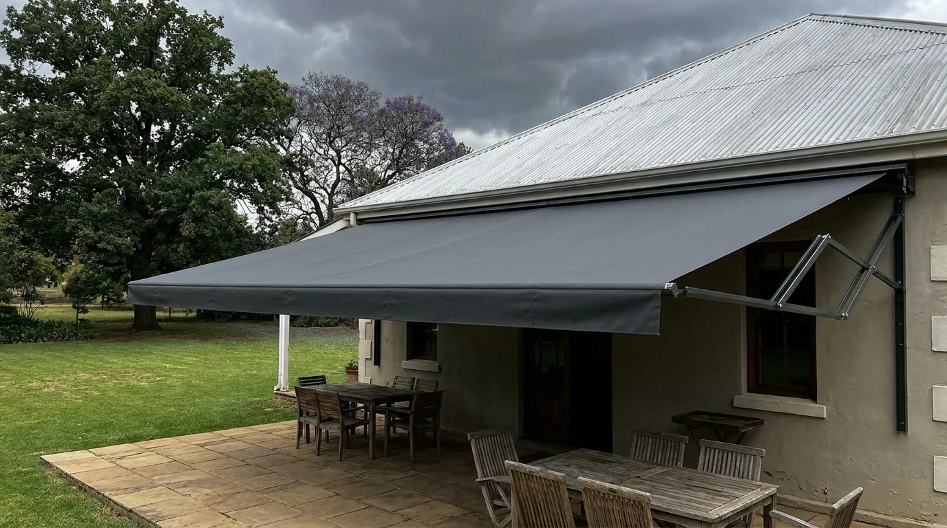 A folding-arm awning extended over the paved stoep of an old Johannesburg house with no posts in the way, storm cloud building over the garden trees