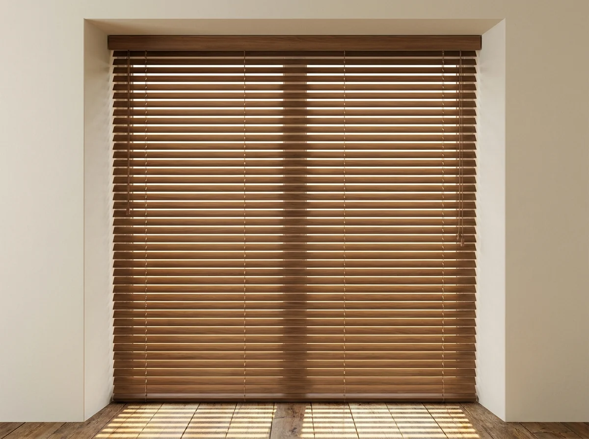 A timber venetian blind covering a window in an old Parkview room, its horizontal wooden slats tilted half open so stripes of low afternoon sun fall across the floorboards