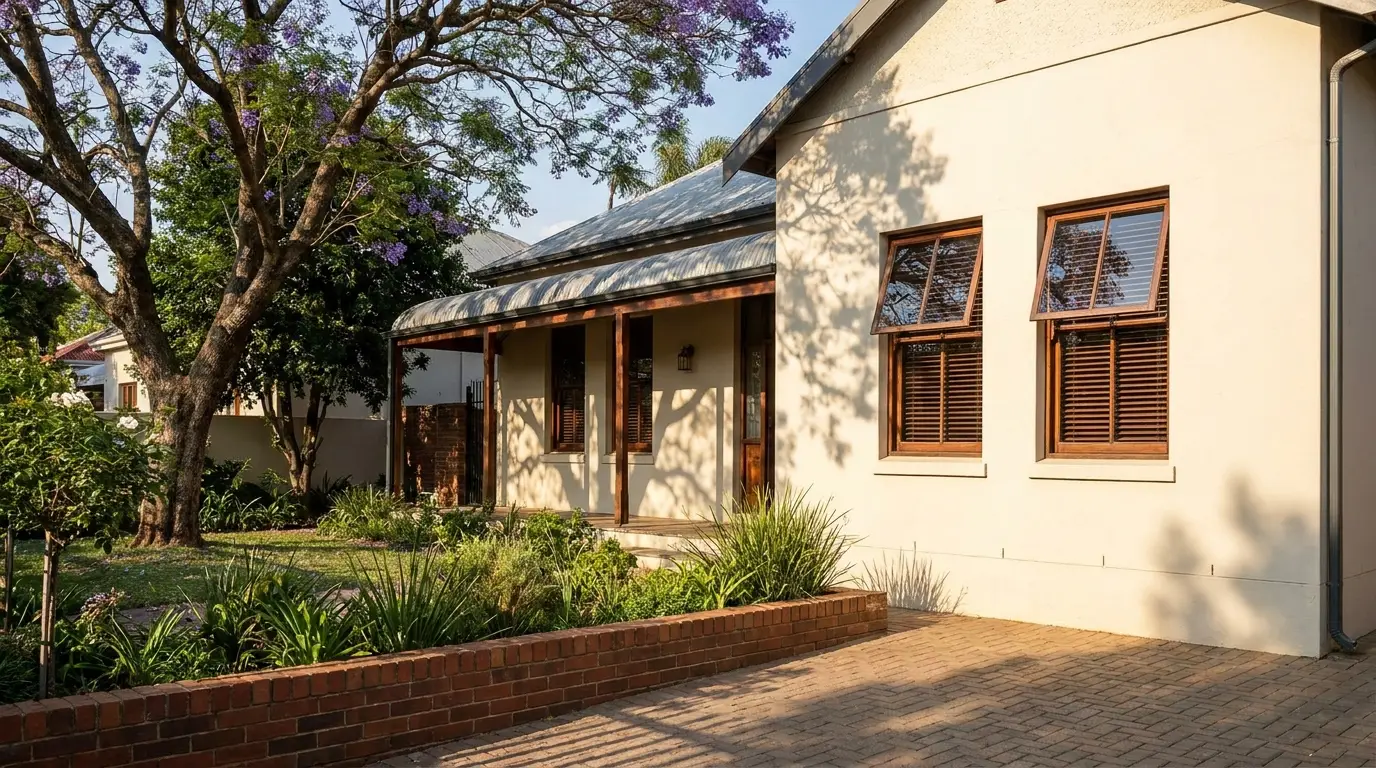 Renovated 1920s character cottage in Parktown North with a deep shaded veranda, timber venetian blinds in the sash windows and a jacaranda tree over the front garden