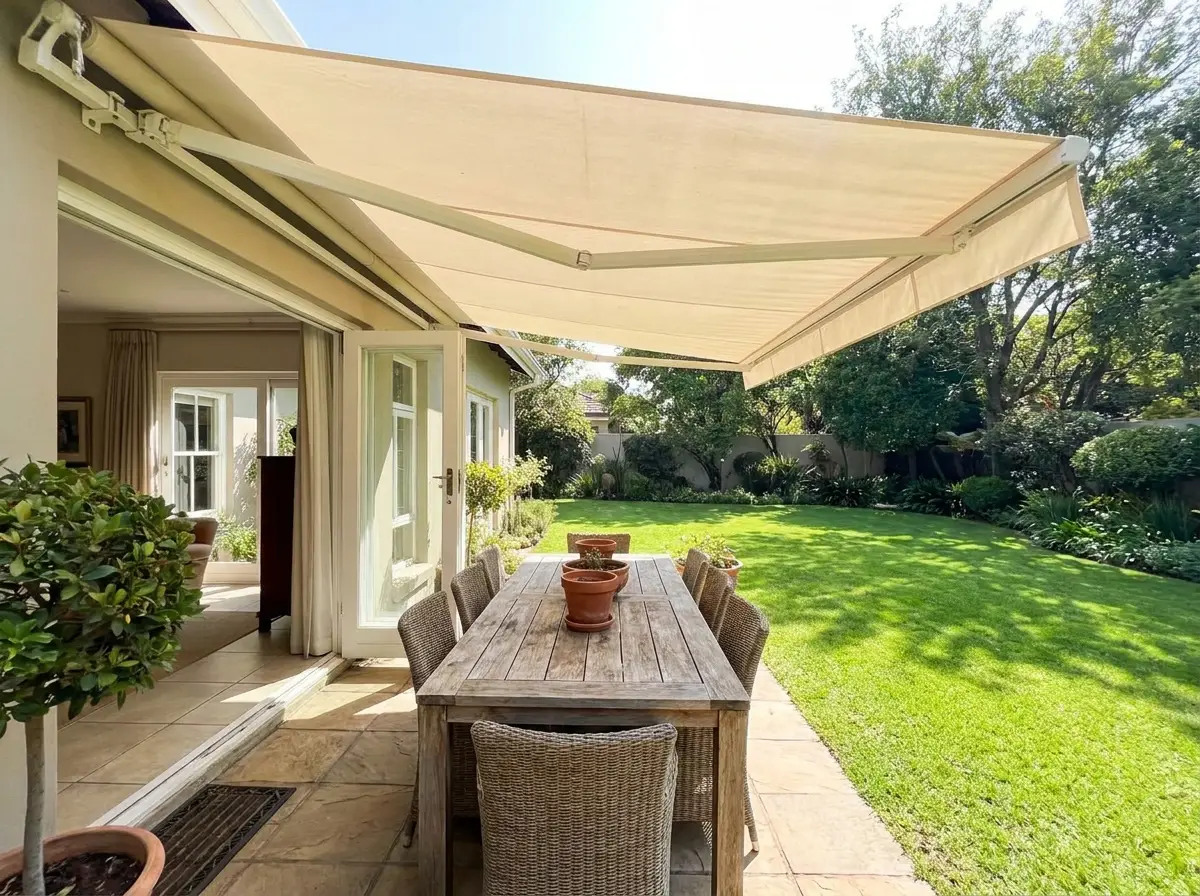 Family patio in Craighall Park with a folding-arm awning extended over a dining area, sliding doors open onto the garden lawn