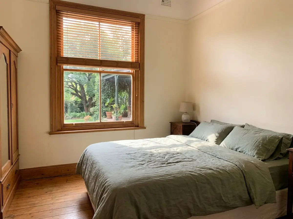 Heritage bedroom in Forest Town with a tall sash window, timber venetian blinds tilted half open and a shaded veranda visible beyond the glass