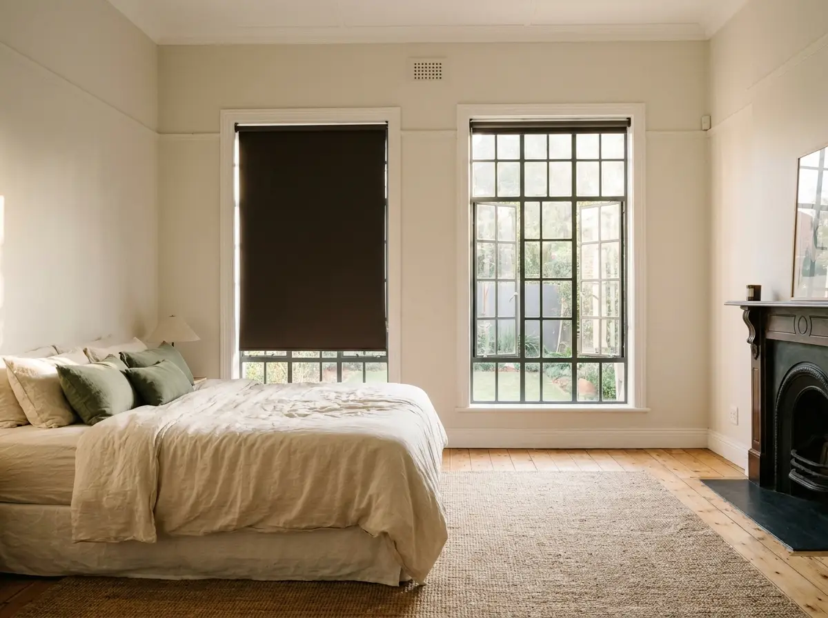 Bedroom with blockout blinds in espresso brown, cream walls and sage accents, Parkview heritage home